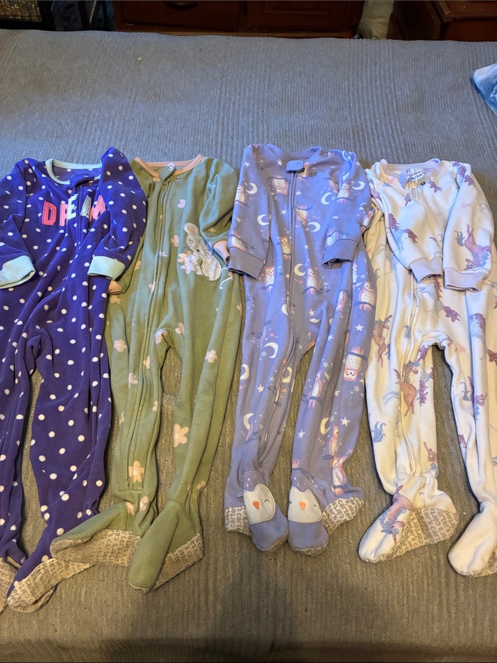 4Carter's Purple, Green & Cream Footed One-Piece Sleepers - Unicorn Moon Prints
